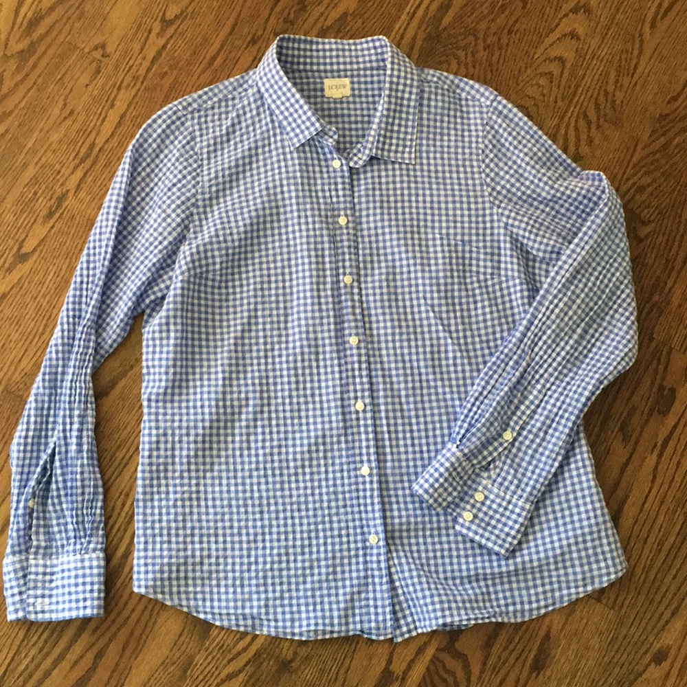 J. Crew Factory Blue Gingham Button Up Blouse
